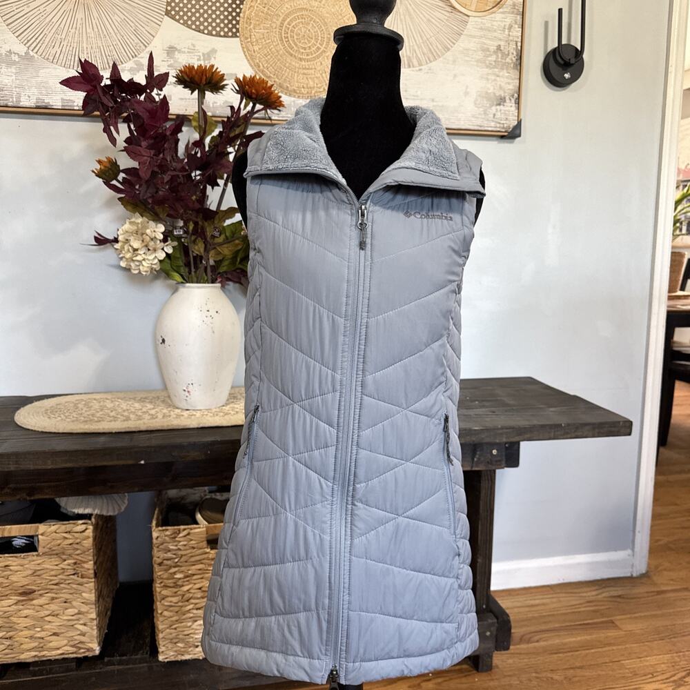 Columbia Heavenly Long Vest XS Lightweight Blue Foil Lining Furr Neck
